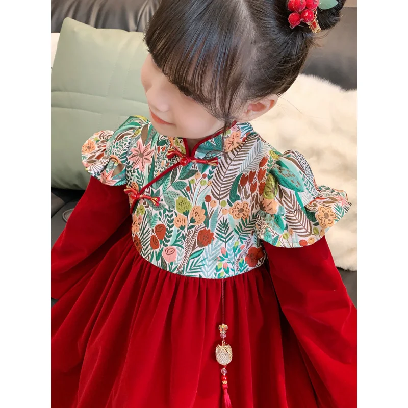 

Girls Chinese Style Red Velvet Dress2025Winter New Style Fleece-Lined Thickened Cheongsam New Year Outfit for Girls Tang Suit