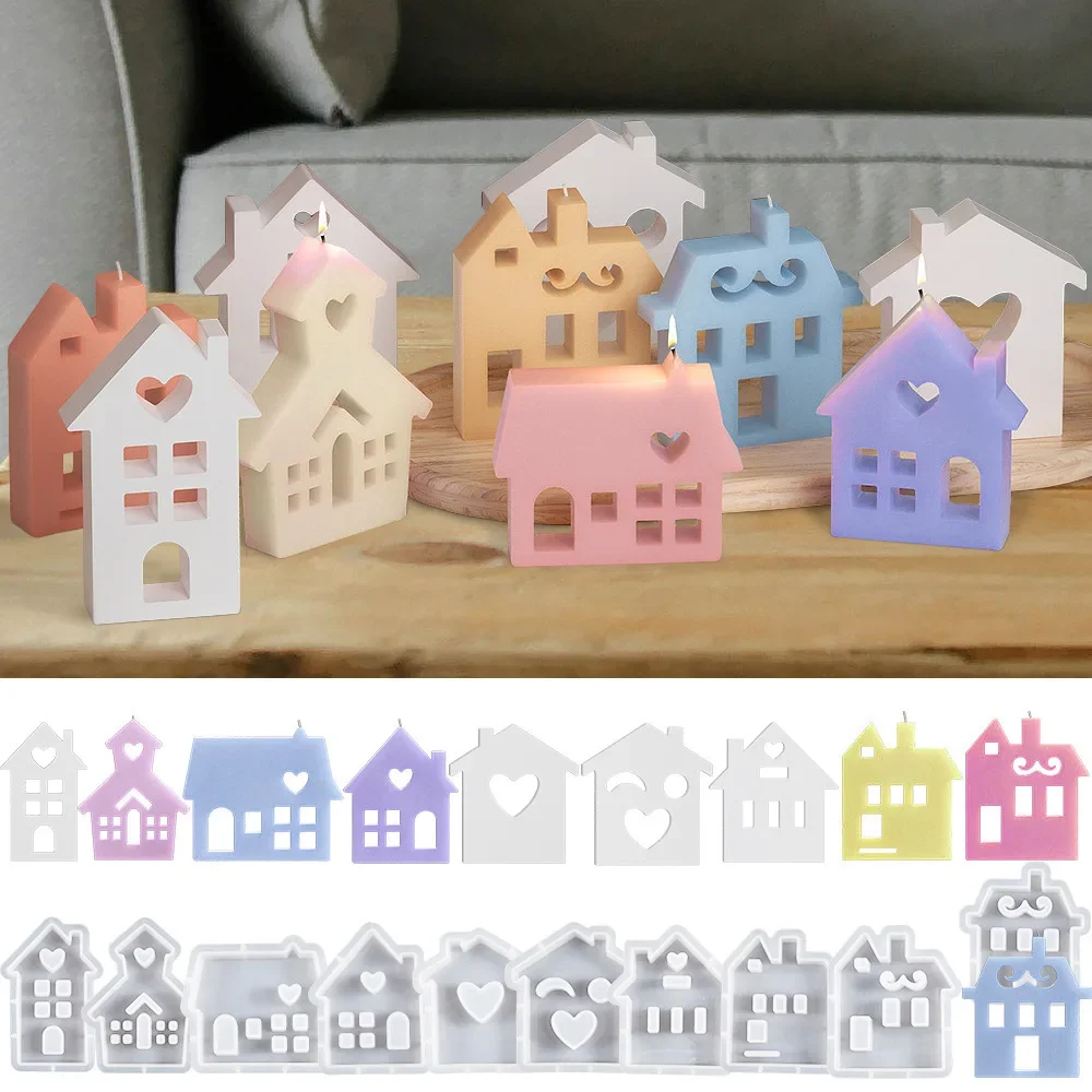 Multi Style Cartoon Geometry Candle Making Mould Chimney House Soap Resin Silicone Mold Hollow Heart Building DIY Birthday Gifts