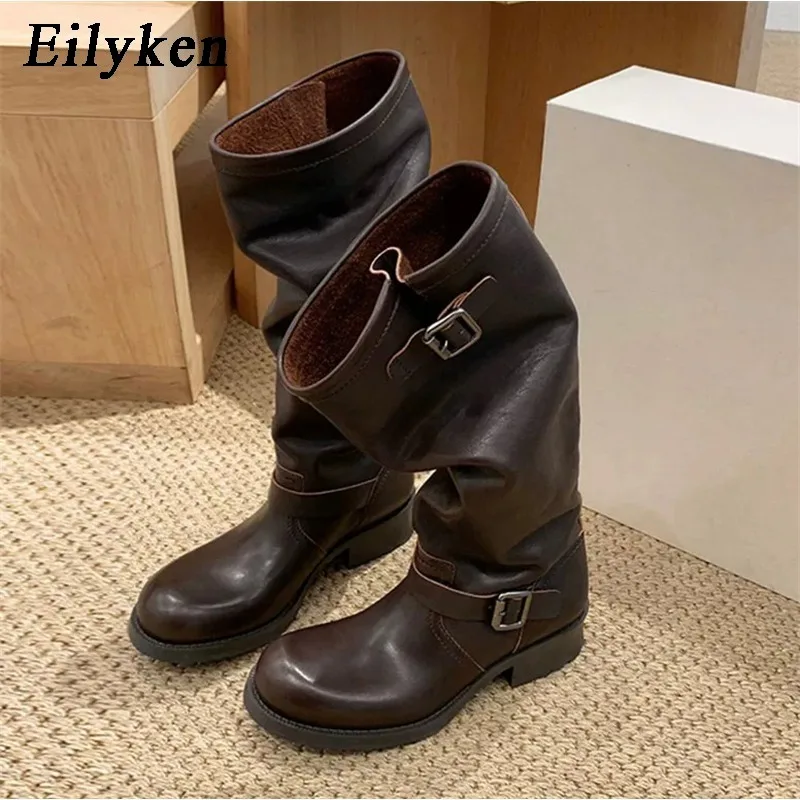 Eilyken Fashion Design Belt Buckle Women Knee-High Boots Vintage Punk Style Round Toe Square Low Heels Banquet Shoes