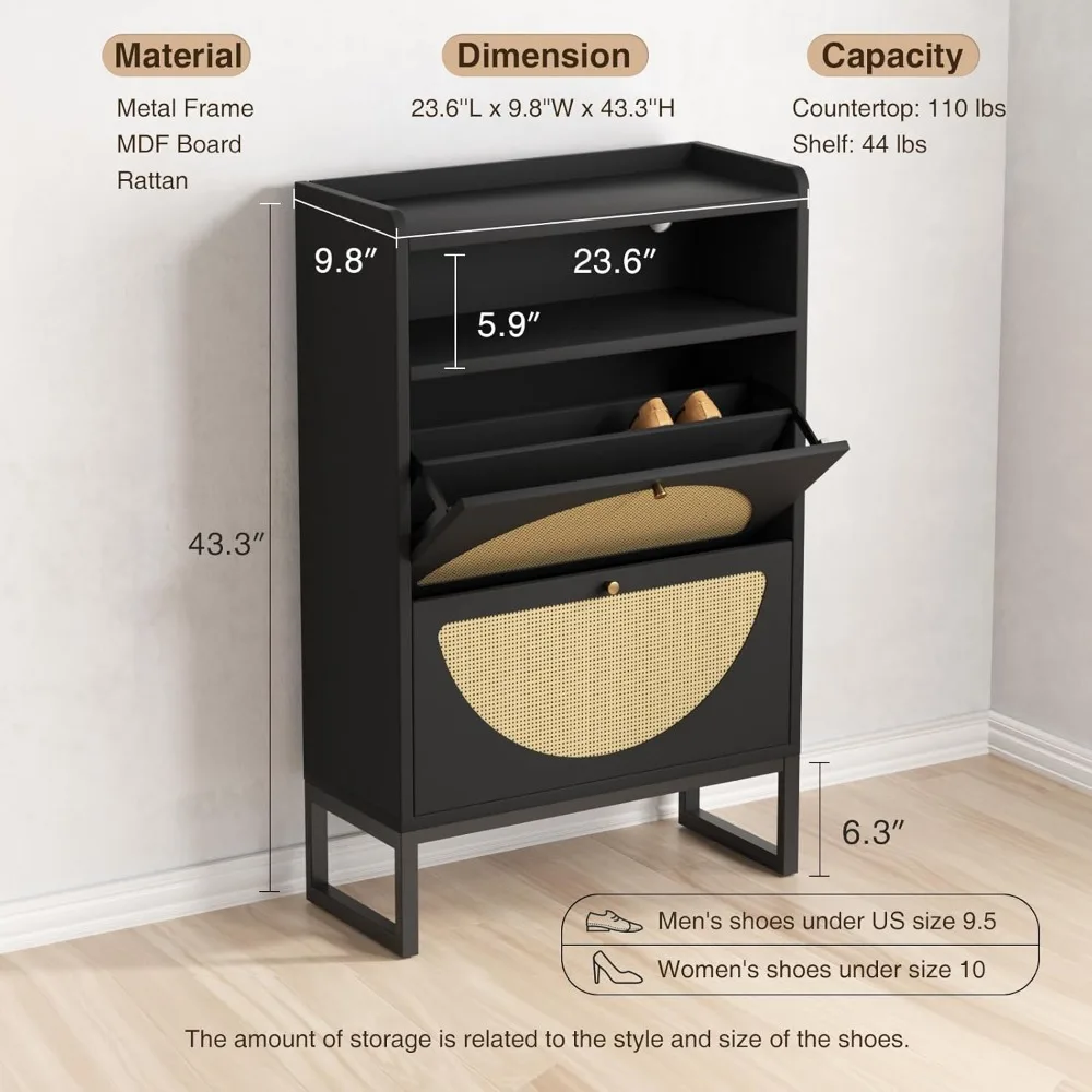 Shoe Storage Cabinet, Rattan Shoe Cabinet with 2 Flip Drawers & Sensor Light for Entryway, Free Standing Shoe Racks Cabinet