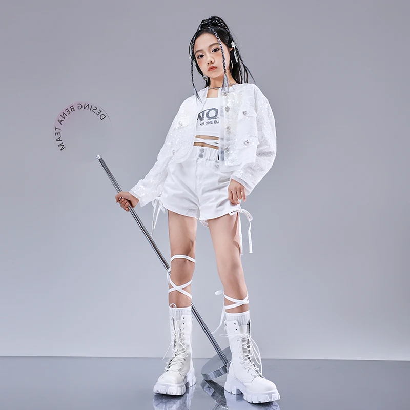 Kids Streetwear Hip Hop Girls Crop Top White Sequins Jacket Joggers Clothes Outfit Child Fashion Costume Teen Street Dance Pants