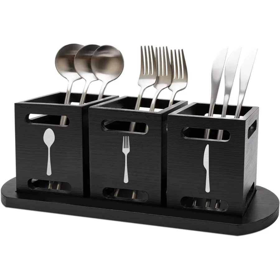 

Wooden Cutlery Silverware Holder with Wood Tray for Kitchen Countertop Table: Black Small Utensil Caddy Organizer for Spoon Kni