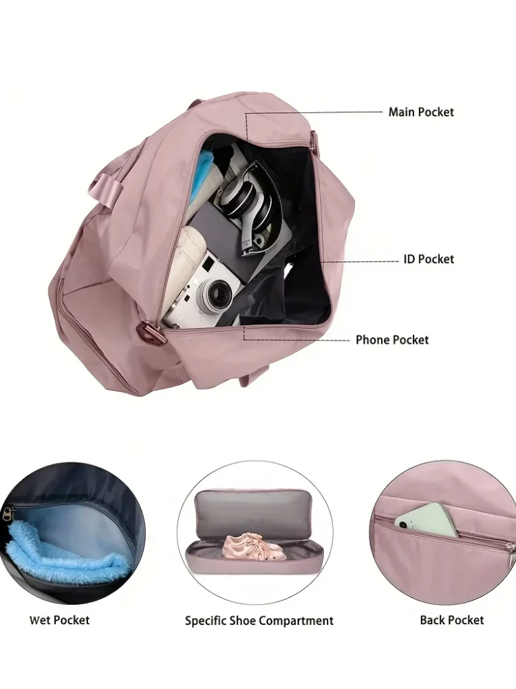 Expandable Travel Duffle Bag for Women, Sports Handbag, Fitness Bag, Large Capacity, One Shoulder Weekend Overnight Bag