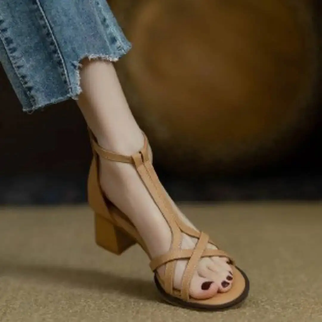 2025 Summer High Heel Sandals Women's Mid Heel Cross Strap Open Toe Sandals Soft Leather British Style Chunky Heels image 5