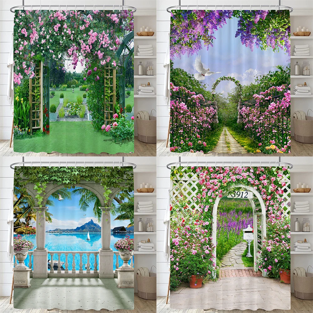

Beautiful Pastoral Garden Scenery Shower Curtain Rose garden Flower Polyester Waterproof Bathroom Shower Curtain Decor Curtain