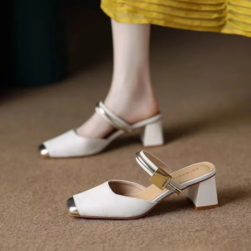 

French-style elegant half-slippers with chunky heels, stunning closed-toe high-heeled sandals for women