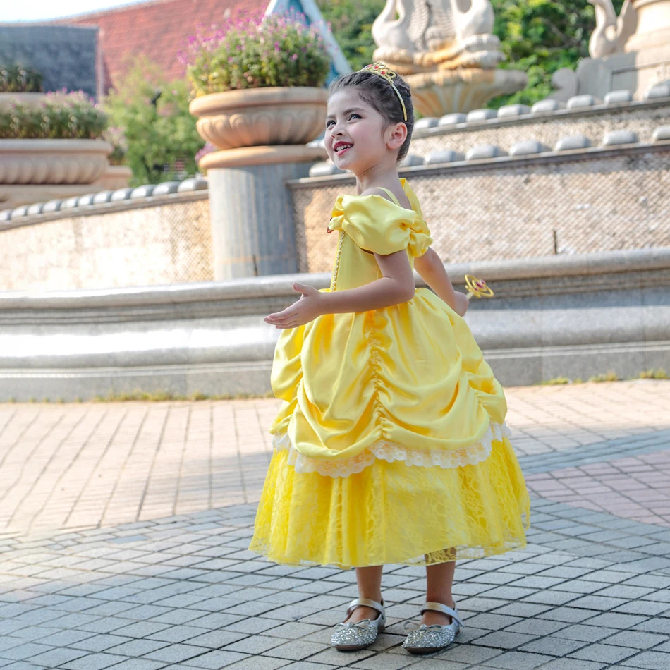 Vestido de Cosplay de bella para niñas, ropa de princesa de la Bella bestia, disfraz de fiesta con estampado de flores, hombros descubiertos, evento