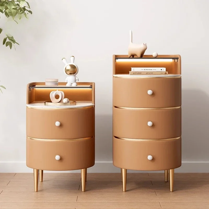 

luxury high-end designer leather smart glass small apartment with light bedroom bedside table rack Bedside table light