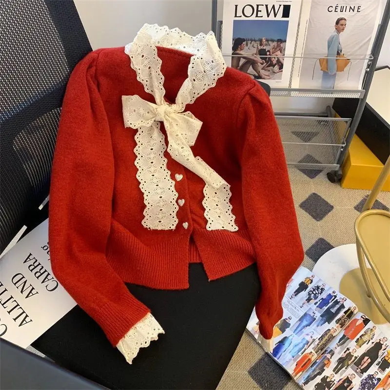 Lace Bow Knitting Cardigan Women Autumn Winter Elegant Slim Temperament Solid Color Sweater Coat Fashion All-match Knitwear Tops