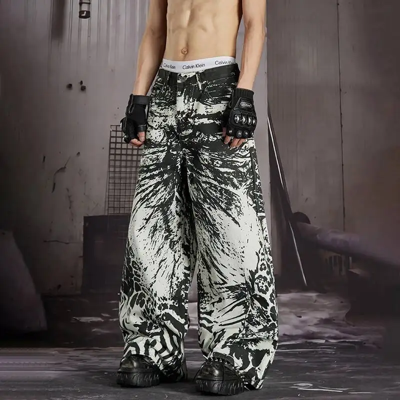 LUZHEN 2026 New Fashion Personalized Ink Ejection Leopard Print Wide Leg Casual Jeans Men's Handsome Street Denim Pants JY7522