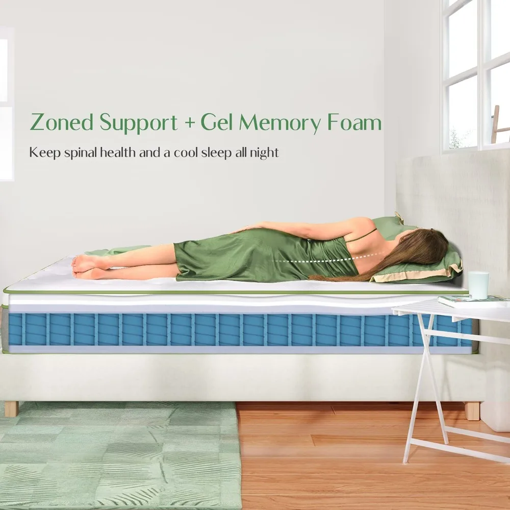 Matelas hybride de 10 pouces avec mousse à mémoire de forme en gel, avec Végétde poche enveloppées entièrement, nouveauté 2024