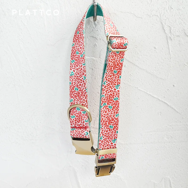 PLATTCO unique design dog collar print RED LEOPARD with high-quality bronze buckle 5 size PDC322Br