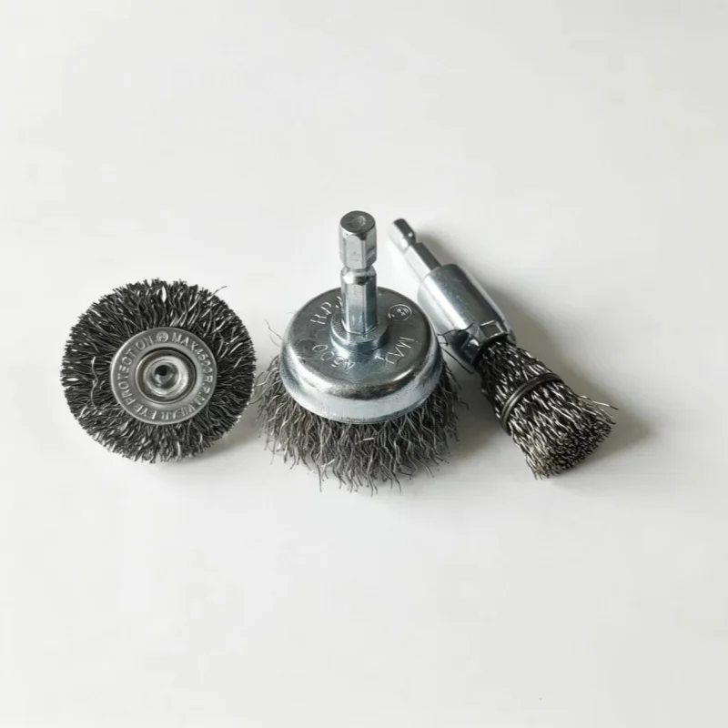 3Pcs Steel Wire Brush Set, Cup Brush & Wheel Brush with 1/4 Inch Hex Shank, Coarse Carbon Steel Crimped Wire Brushes for Drill view 4