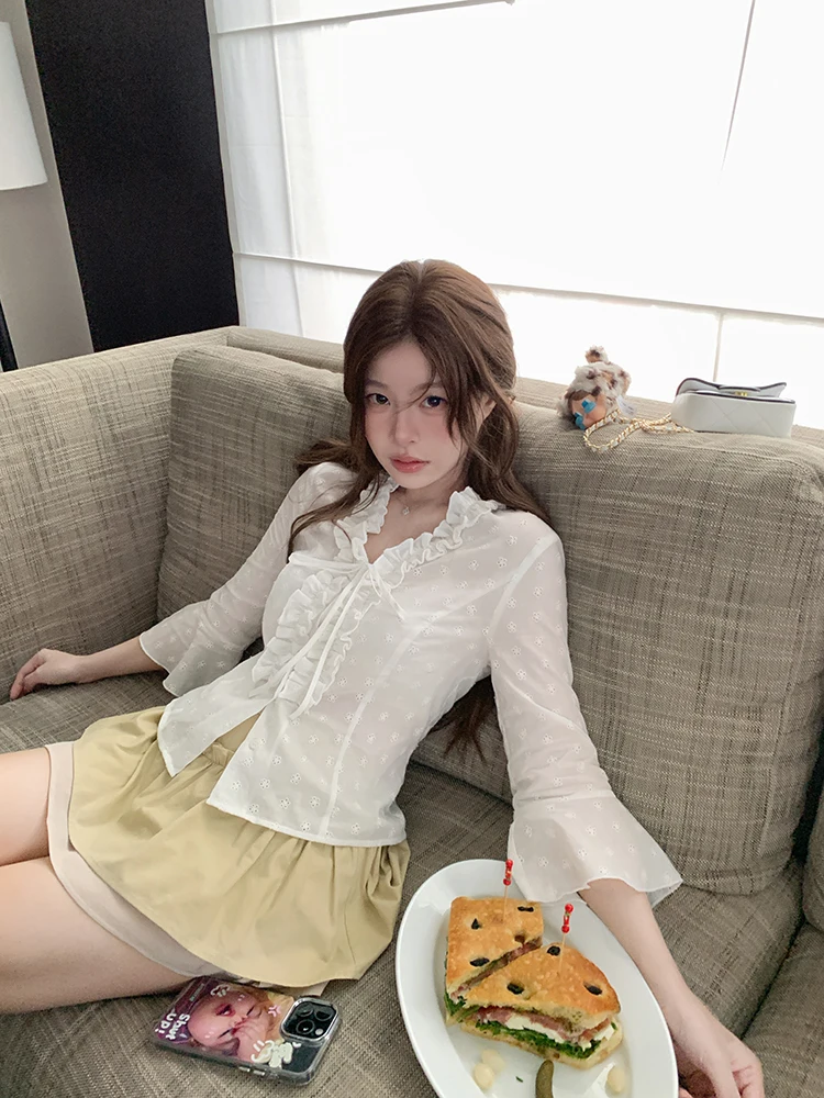 

Sasaouni Sweet Lace Collar Slim Fit ort Sve Bell Sve irt Women's Initial Autumn New Sle Cotton Breathable V-ne