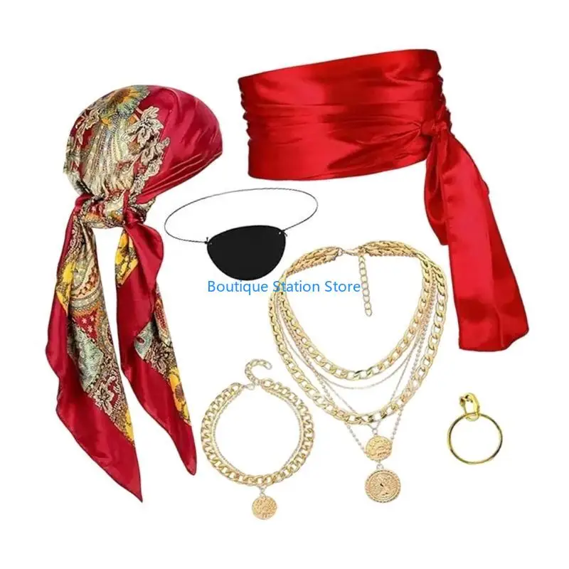 Y55F Halloween Piraten Kostüm Accessoire Frauen Männer Piraten Dress Up Accessoire Headscarf Augenflecken Ohrringe Halskette