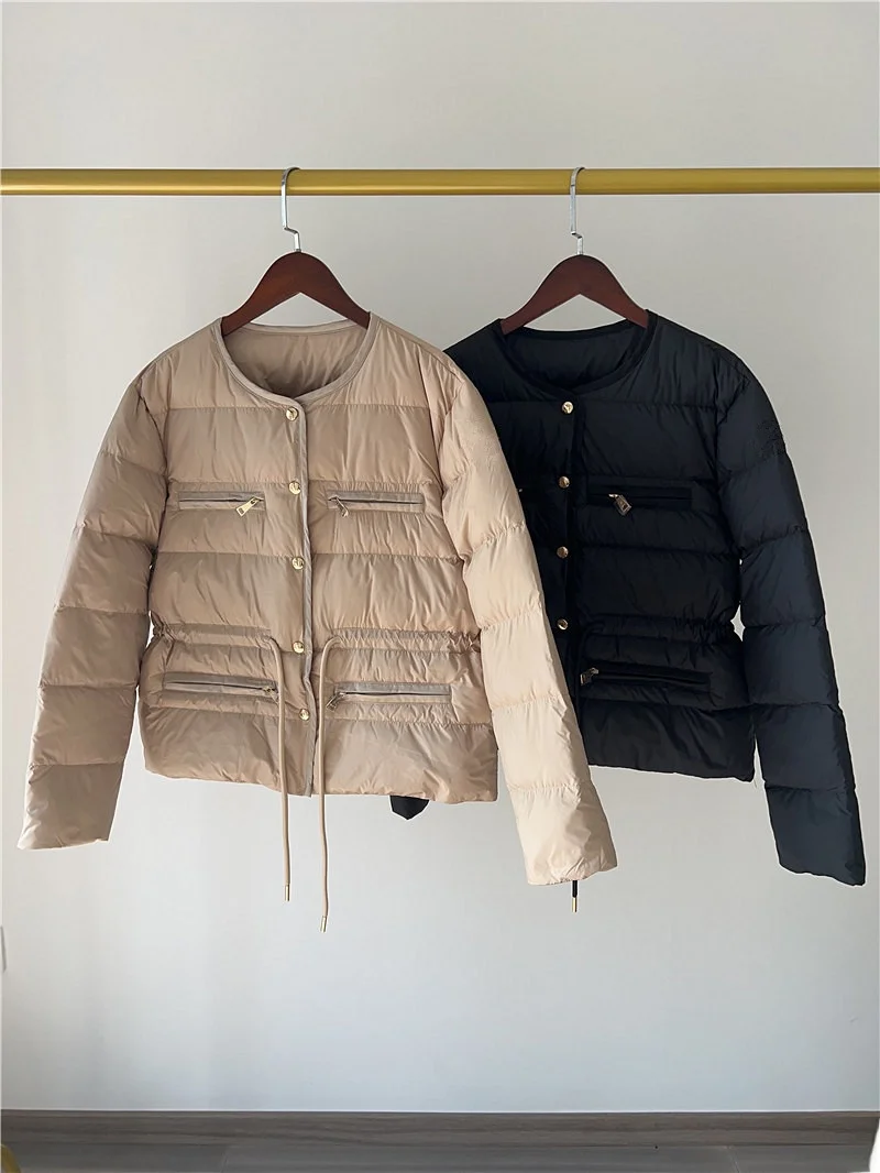 

Short Puffer Jacket Women's Drawstring Waist Slimming Lightweight Warm Outerwear Commute Style White Goose down Filling