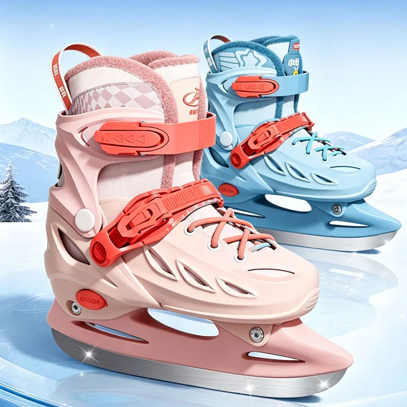 3 Sizes Figure Ice Skating Boots Kids Adjustable Ice Skates Warm Fleece Lined Stainless Steel Blade Ice Skates for Boys Girls