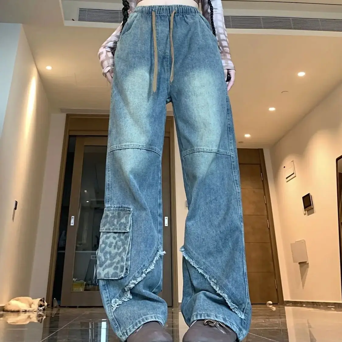 Retro Street Elastic Waist Design Jeans Women Spring Summer 2025 New Loose Casual Versatile Slim Fashionable Wide-Leg Pants