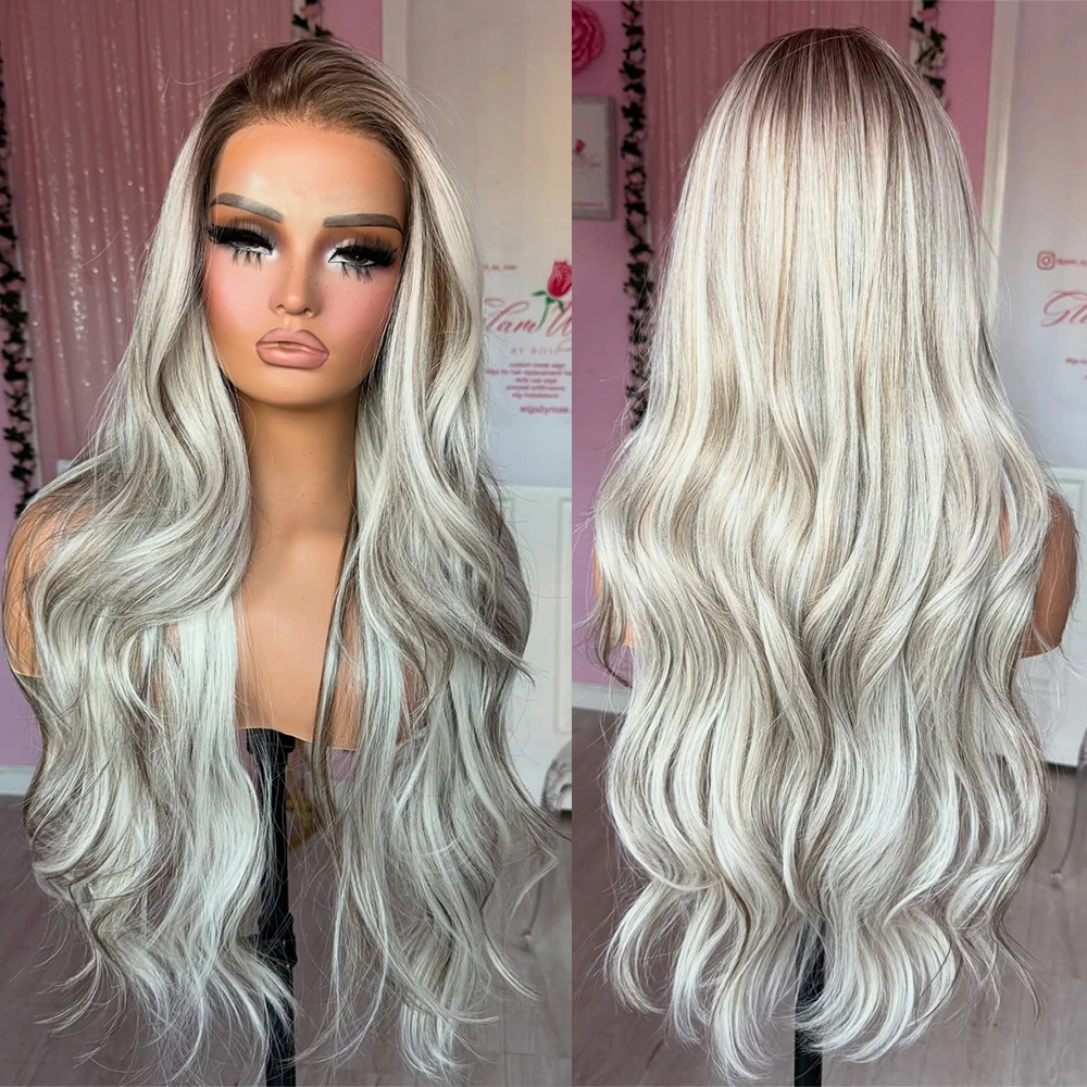 

13x4 Body Wave Lace Front Wig for Women Highlight Platinum Ash Blonde Pre Plucked Long Wavy Synthetic Wigs for Daily Party Use