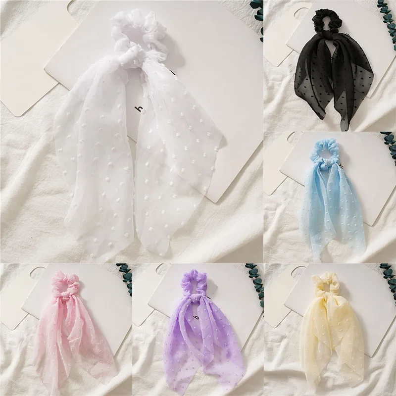 Scrunchies Ponytail Scarf Long Ribbon Bowknot Hair Rope Bow Elastic Hair Bands Bubble Chiffon Ribbon Scrunchies Hair Accessories