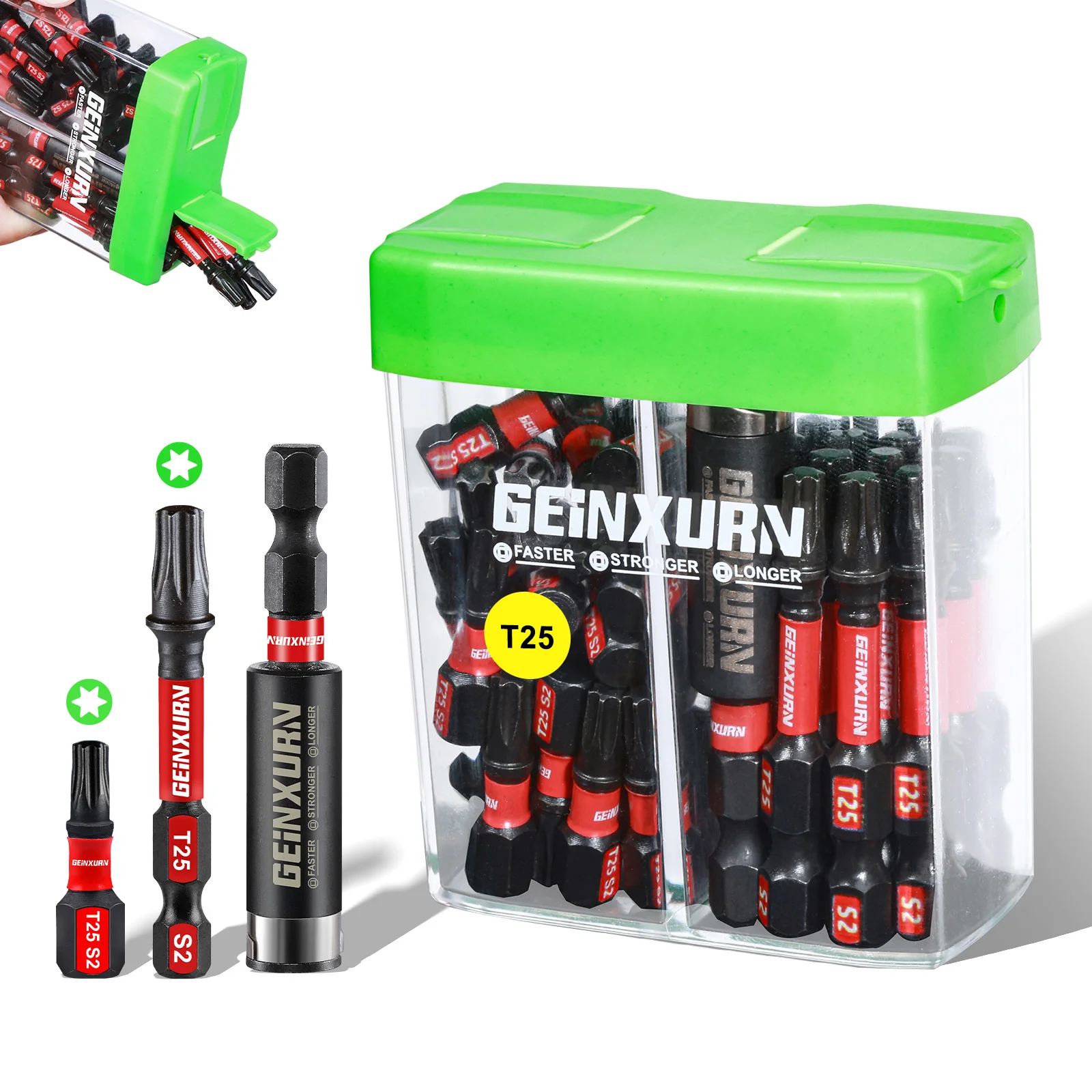 

Geinxurn 30 Pcs Impact #25 Torx Screwdriver Bits Set, Magnetic1”/2” T25 S2 Steel Driver Bits with Storage Colorful Box