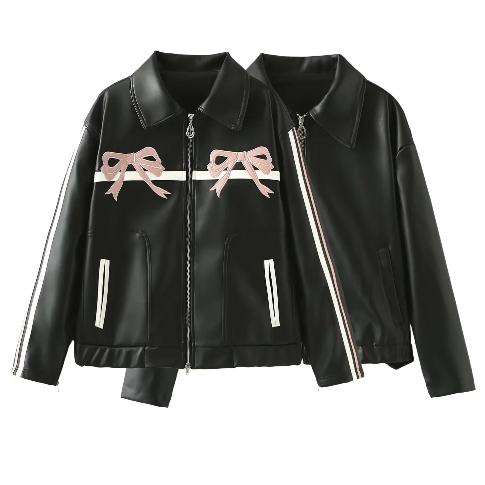 Pink Bow Motorcycle Leather Jacket Women's Coat With Zipper Outwear Black Pur Leather inszartrafs Chaquetas de Cuero Para Mujer