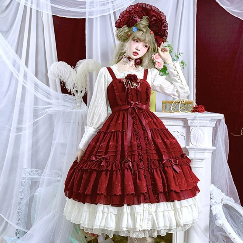 

Vintage Victorian Lolita JSK Dress Elegant Bow Lace Ruffles Flower Embroidery Button Dresses Rose Evening Party Dress Women 2025