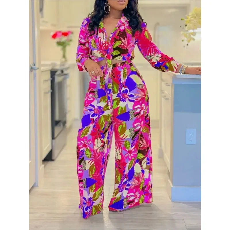 2025 Spring Summer New Long Sleeved Printed Suit For Women Fashion Lapel Single Breasted Shirt Wide Leg Trousers Two Piece Set