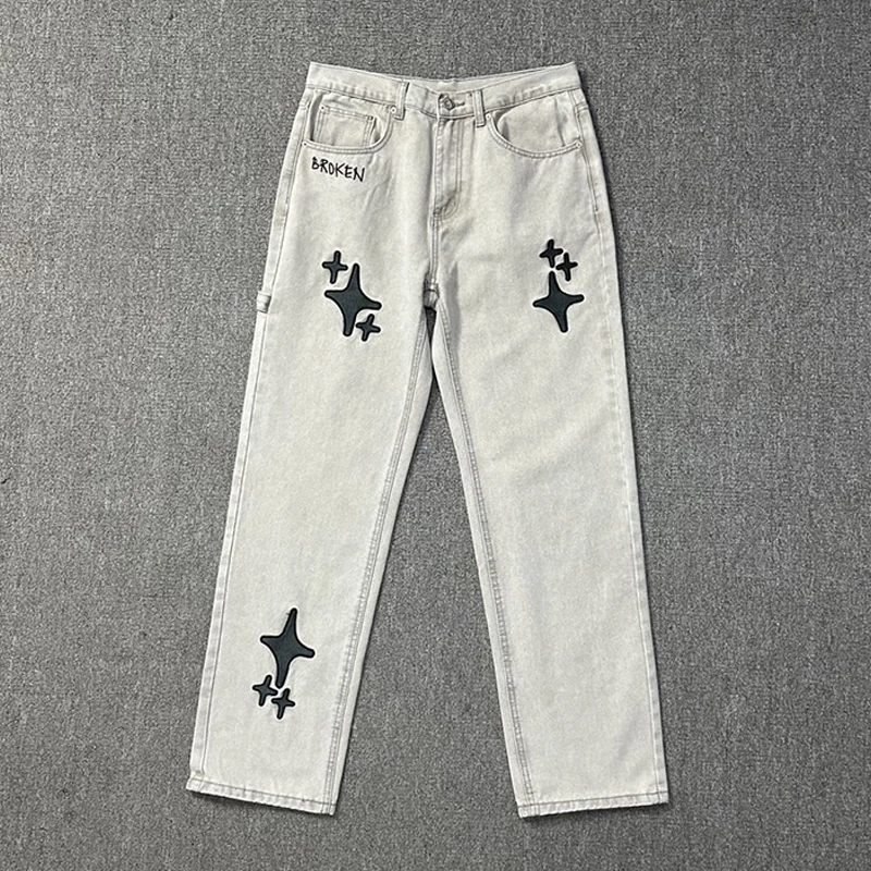 

2024ss New Quadrangular Star Embroidery BROKEN Jeans Men Woman Best Quality Street Straight Cylinder Cowboy Pants