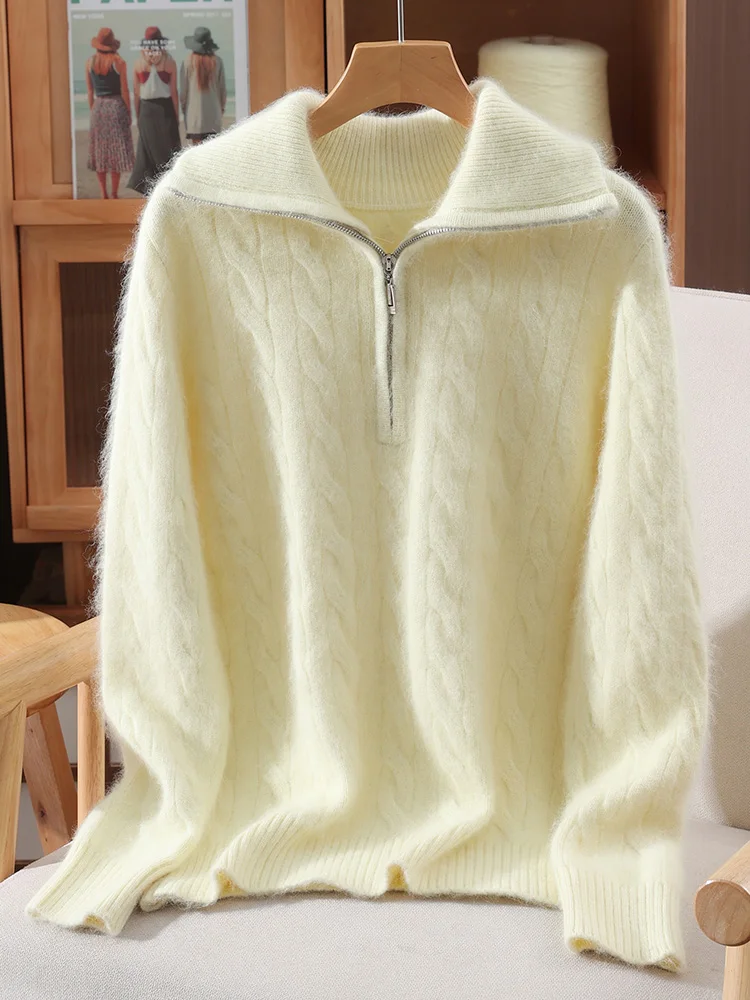 TLOML Maglione da donna in cashmere visone 100% colletto rovesciato pullover con mezza cerniera autunno inverno visone cashmere cavo maglieria top