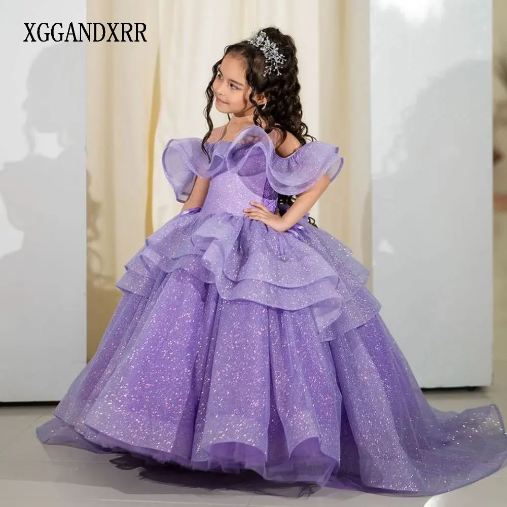 Sparkling Purple Flower Girl Dress 2024 Mini Quinceanera Birthday Party Gown Wedding Formal Pageant Daughter Sister Princess