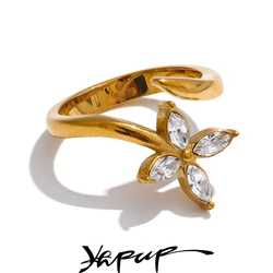 Yhpup Stainless Steel Open Flower Adjustable 18K PVD Golden Ring Bling Cubic Zirconia Fashion Finger Jewelry Accessories Gift