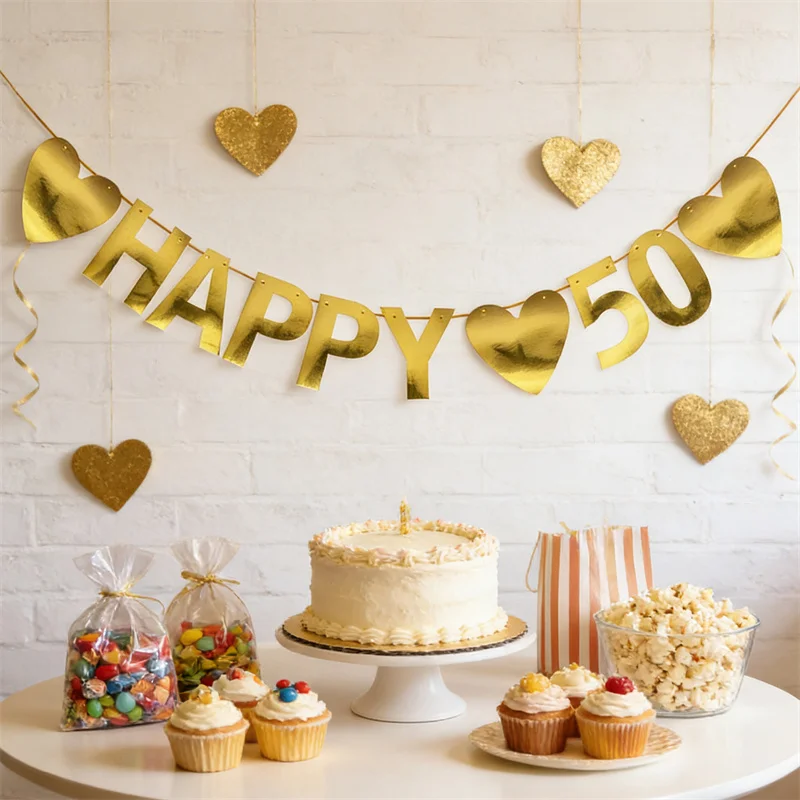 1 Beutel Gold Happy 50 Year Banner Erwachsenen-Geburtstagsfeier Hängende Wimpelkette Frauen Männer 50. Jubiläum Party Hochzeitsdekoration Zubehör