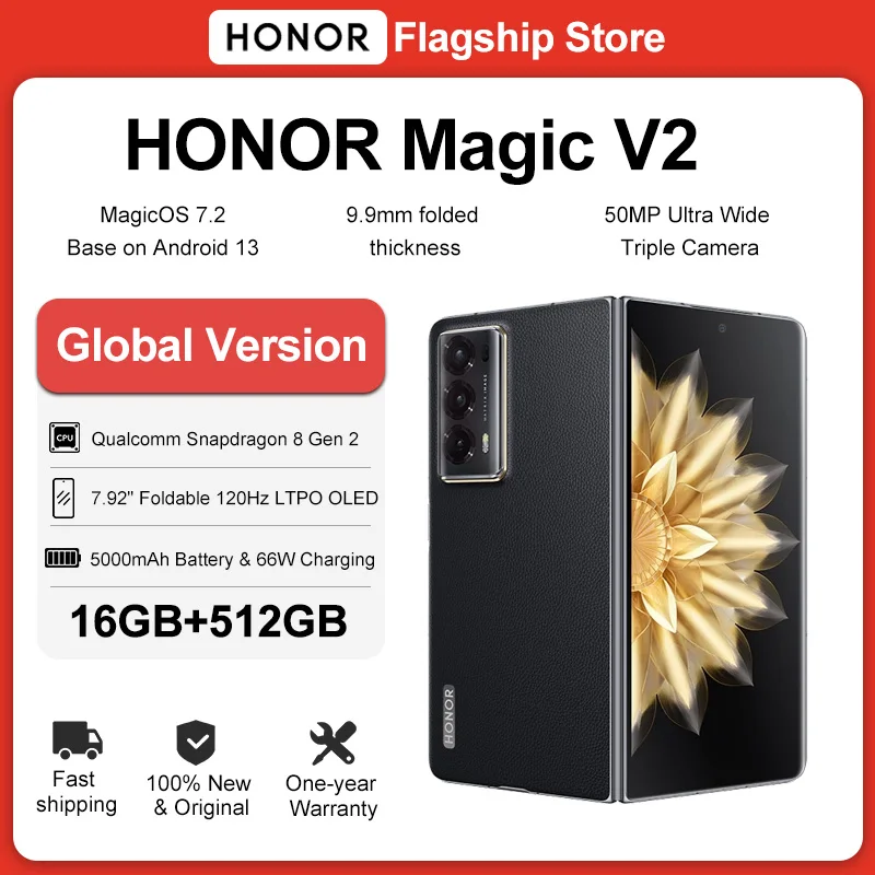 Globale Version Honor Magic V2 5G faltbares LTPO OLED 120 Hz Display 7,92 Zoll 50 MP Rückfahrkameras Snapdragon 8 Gen 2 5000 mAh 66 W NFC