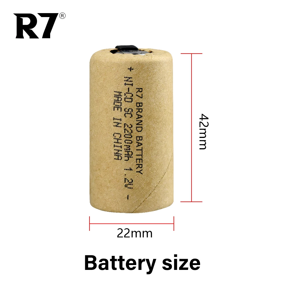 R7 Brand 10pcs SC 2200mAh 1.2V NI-CD Rechargeable Battery Sub C with Welding Tabs for Electric Drill Screwdriver