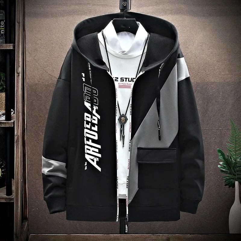 

Men's Spring Autumn Hooded Letter Printed Zipper Drawstring Pockets Lantern Long Sleeve Cardigan Coats Jacket Casual Loose Tops