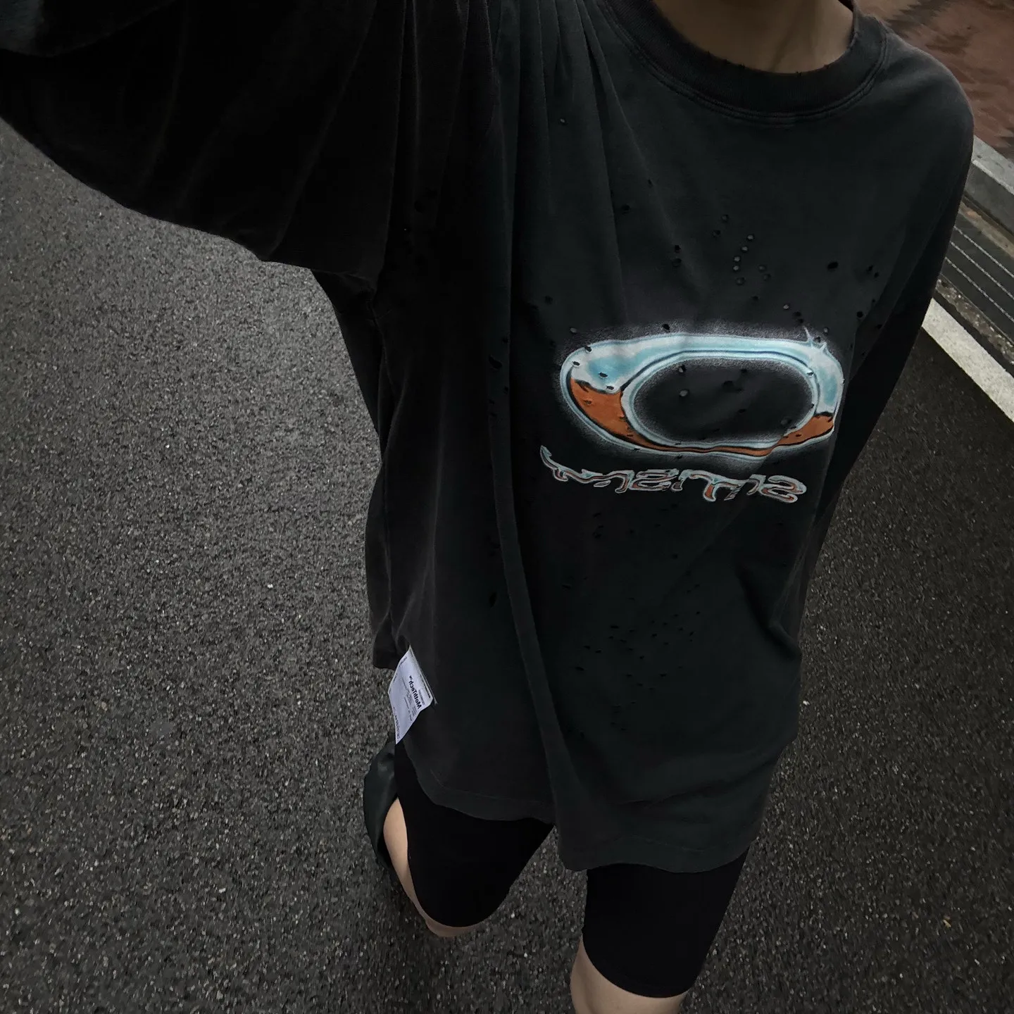 2026 New SATISFY MothTec High-Street Style Ripped and Distressed Long-Sleeve T-Shirt—Unisex Oversized Fashion Brand Top view 3