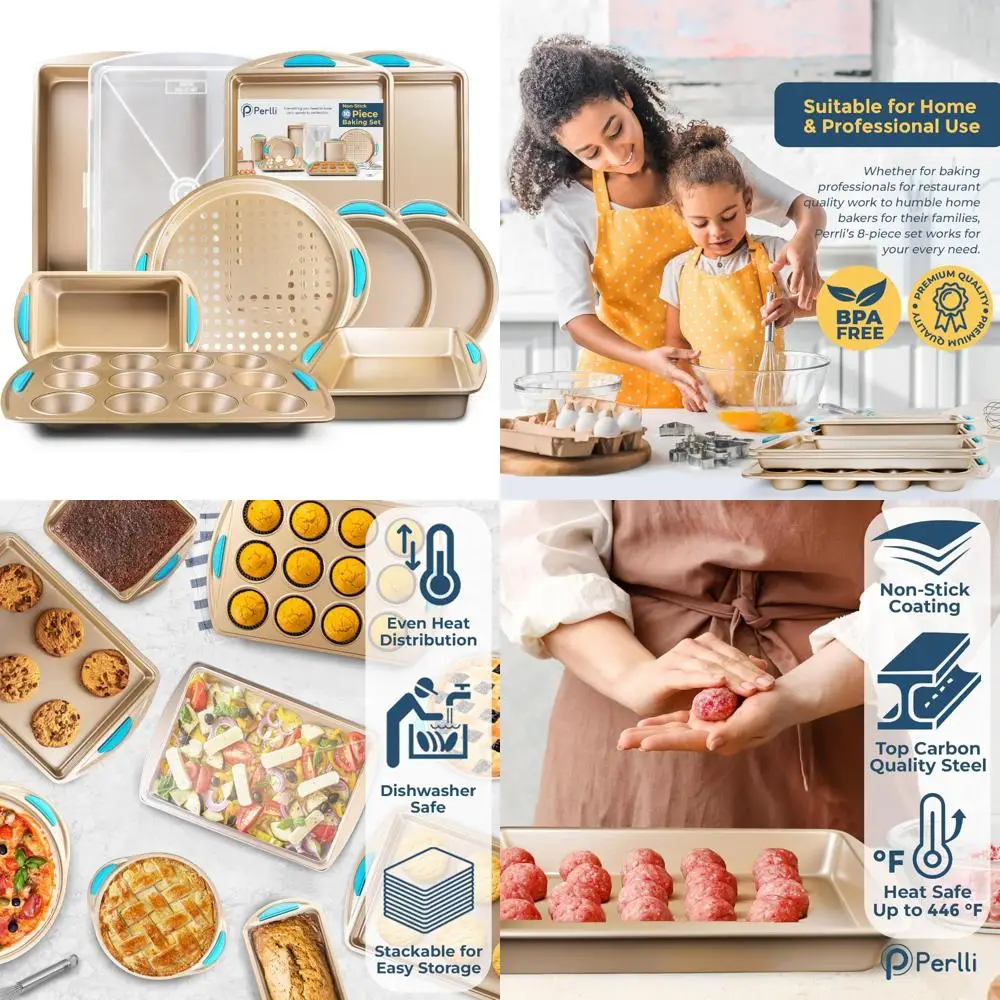 

10-Piece Nonstick Gold Steel Baking Set: Includes Cookie Sheets, Cake Pans, 9x13 Pan with Lid, Loaf and Deep Pans, Pizza Pan