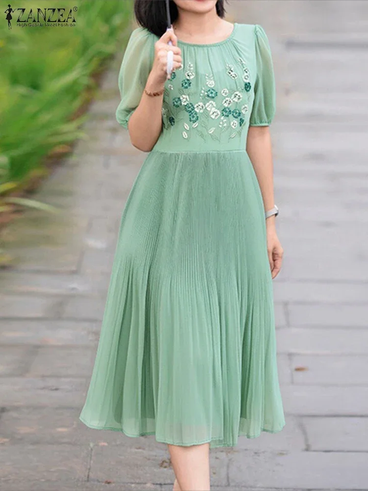 ZANZEA Casual Lose Gefaltetes Kleid Frauen Sommer Sommerkleid Vintage Floral Bedruckte Vestidos 2025, Mode Kurzarm Mid-Kalb robe