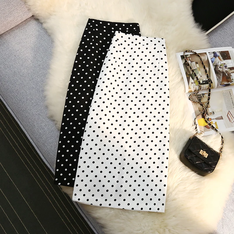 Seoulish z tylnym rozcięciem w kropki damskie spódnice w stylu Vintage elastyczny, wysoki talia elegancka spódnica biurowa Midi-line damska 2024 nowość