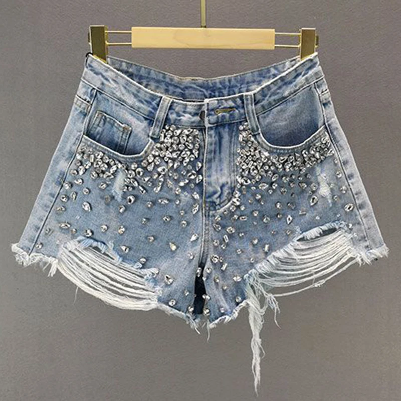 

Broken hole wide leg denim shorts for women 2024 summer new high waisted loose diamond studded hot pants