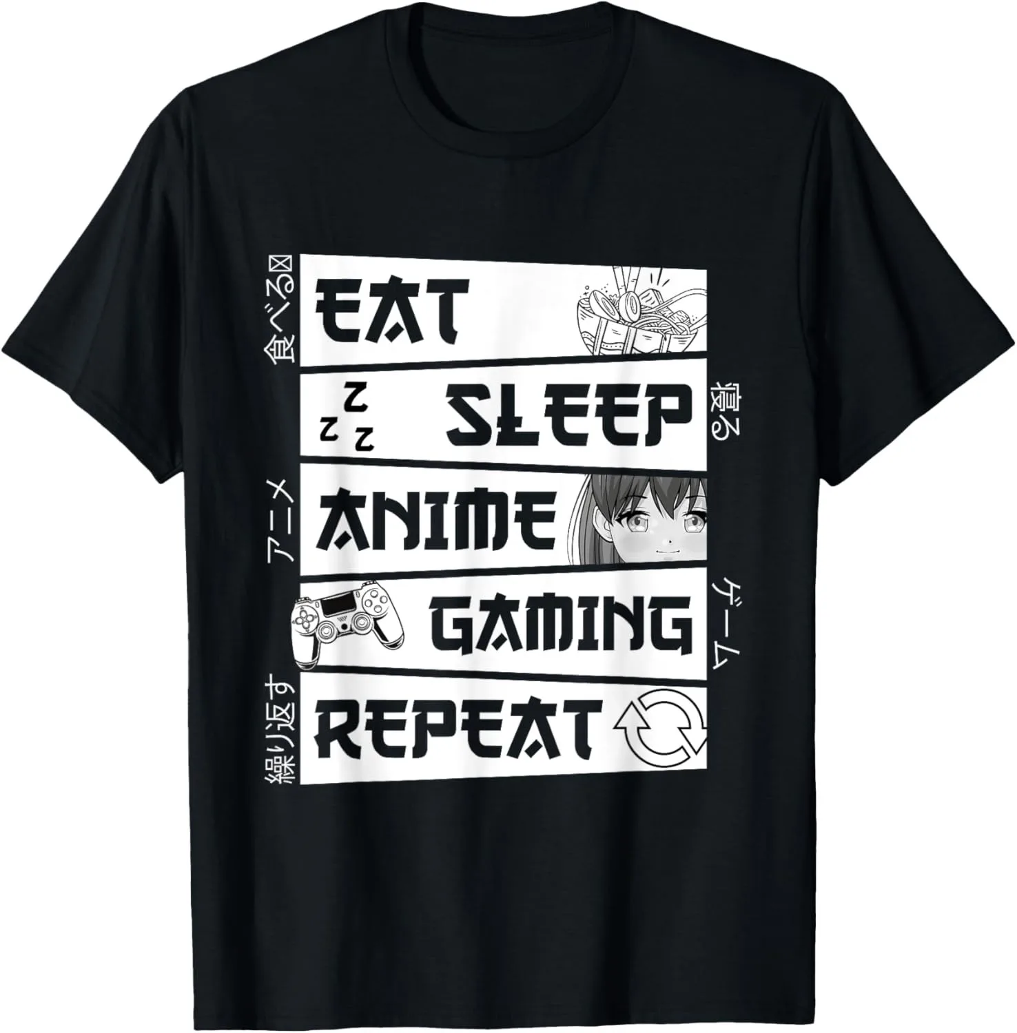 

Eat Sleep Anime Gaming Repeat T-Shirt, Kawaii Otaku Manga Graphic Tee, Custom Printed Casual Tops For Men Women