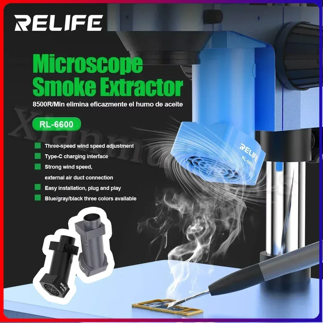 RELIFE RL-6600 Microscope Smoke Extractor Type-C Charging Interface Powerful Airflow Smoke Exhaust Fan Tool For Microscopes