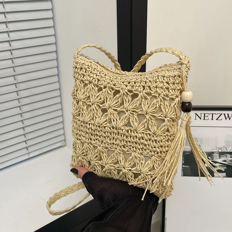 Tassel Western Style Hollow Tassel Straw Woven Personality Trendy Hand-Woven Large Capacity Beach Shoulder Messenger Bag Wom