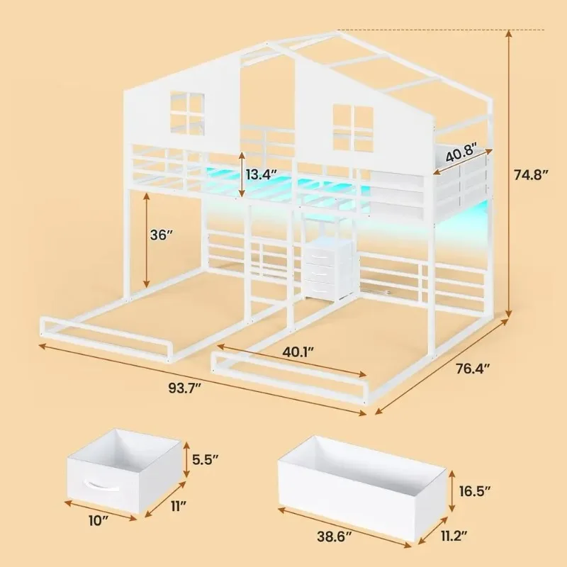 White Metal Triple Bunk Bed with Twin Size, House Design, 4 Drawers, Charging Station, LED Lights, Safety Guardrail, Play Curtai