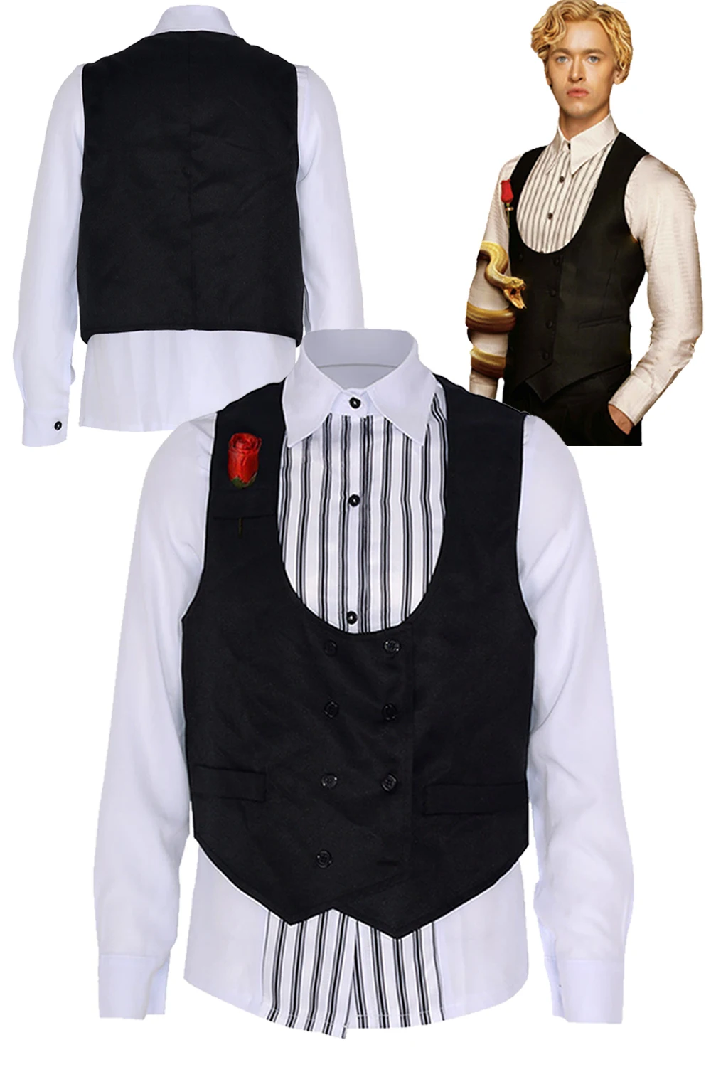 Hunter and Hunger Games Fantasia de Cosplay Masculina, Traje de Coriolanus, Camisa, Coletes, Aves canoras, Cobras, Top, Dia das Bruxas, Carnaval, Masculino, Adulto, 2023