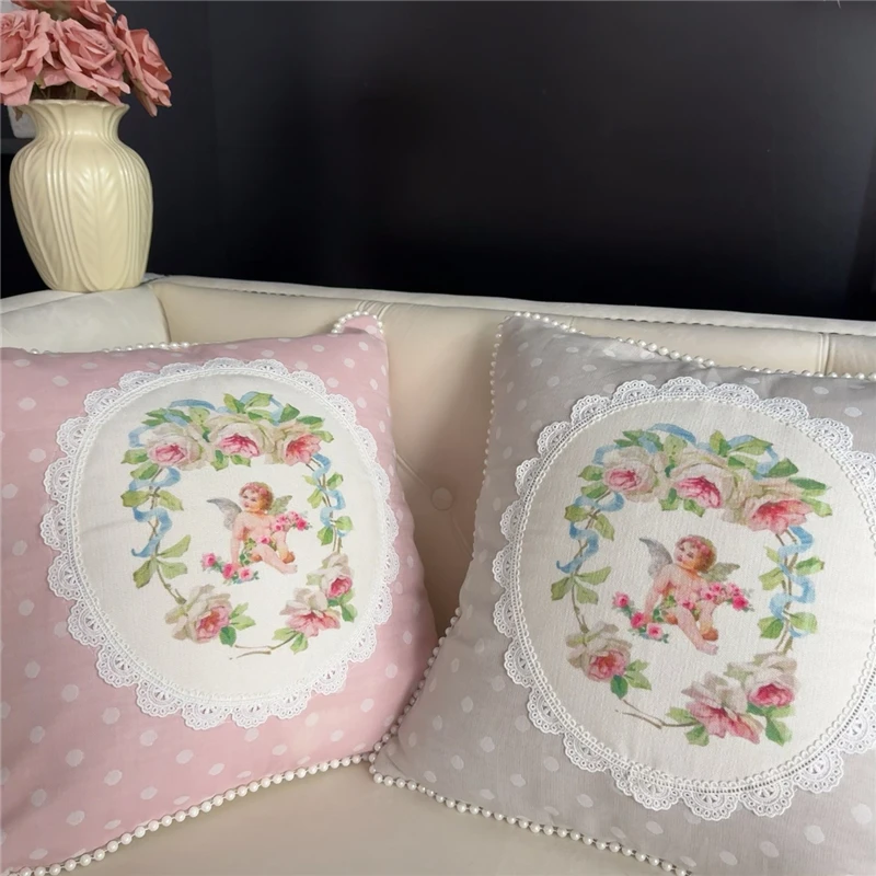 Rose Angel Pearl Cotton Linen Cushion Cover, Pillow Cover, Sofa Decoration, Bedroom, Bed Pillowcase, Car, Office, Home