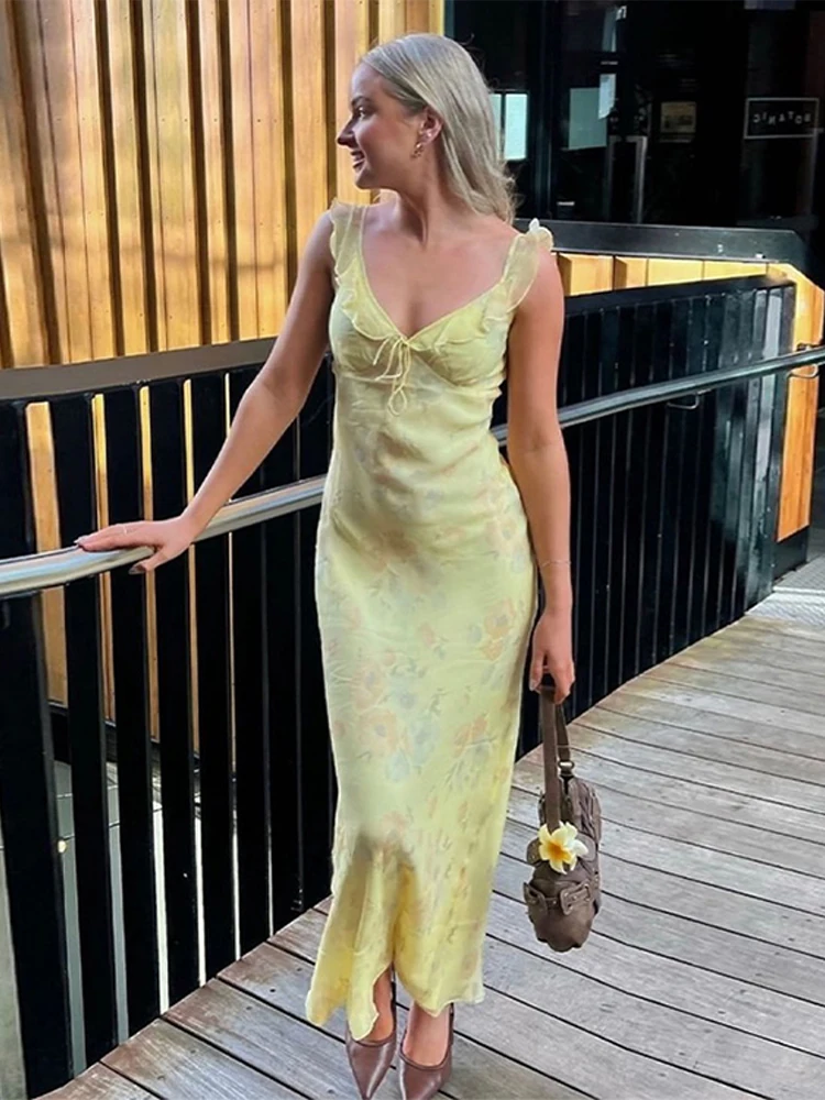 

Flounce Lace Up Printed Strapless Dress Woman Slim V-Neck Mermaid Dresses Off Shoulder Elegant Spring Summer New Women's Robe