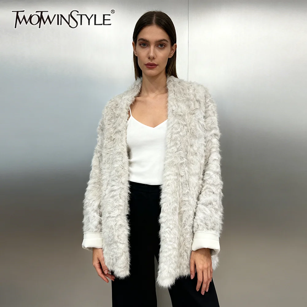 

TWOTWINSTYLE Solid Loose Spliced Flocking Casual Jackets for Women V Neck Long Sleevs Minimalist Jacket Female Winter Clothing