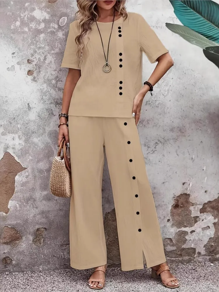 Conjuntos de botones lisos para mujer, conjunto informal de manga corta con cuello redondo y pantalones de pierna de cintura alta, conjunto de 2 piezas a la moda